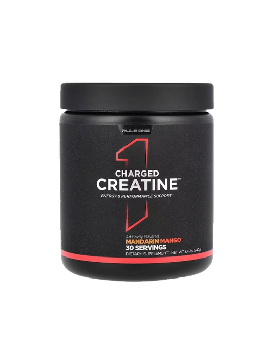 Black container of Charged Creatine with Mandarin Mango flavor on a white background