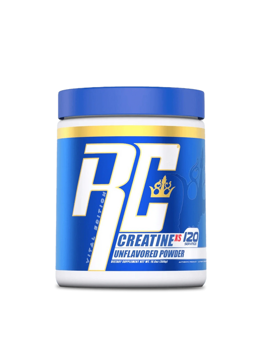 An image displaying RC Creation 12O Servings powder, highlighting its smooth consistency and colorful branding on the container.