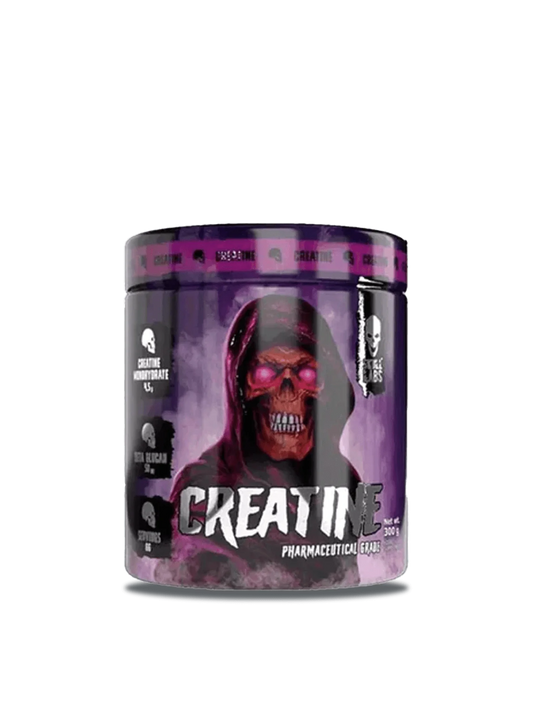 A container of purple creatine powder, showcasing its vibrant color and nutritional supplement branding.