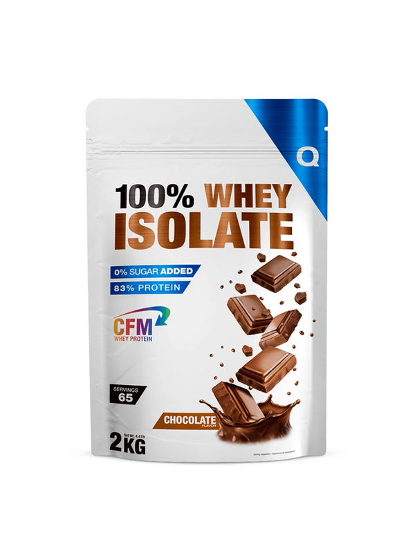 A container of 100% whey isolate protein powder in chocolate flavor, showcasing its rich color and packaging design.