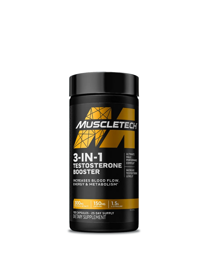 MUSCLETECH 3-IN-1 TESTOSTERONE BOOSTER" that includes text stating it "INCREASES BLOOD FLOW, ENERGY & METABOLISM." The can contains 150 capsules and indicates it is a 25-day