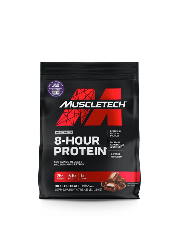 A chocolate-flavored MuscleTech 8 Hour Protein tub, highlighting its appealing design and focus on muscle recovery.