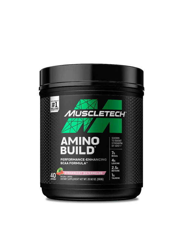 Muscletech Amino Blast supplement displayed prominently, emphasizing its role in enhancing workout performance and recovery.