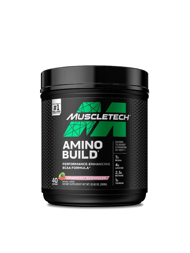 Muscletech Amino Blast supplement displayed prominently, emphasizing its role in enhancing workout performance and recovery.