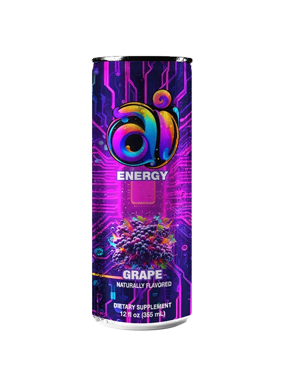 Grape-flavored energy supplement can with colorful design on a white background