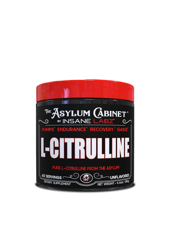 L-citrulline powder in a clear jar, showcasing its fine texture and vibrant color against a neutral background.