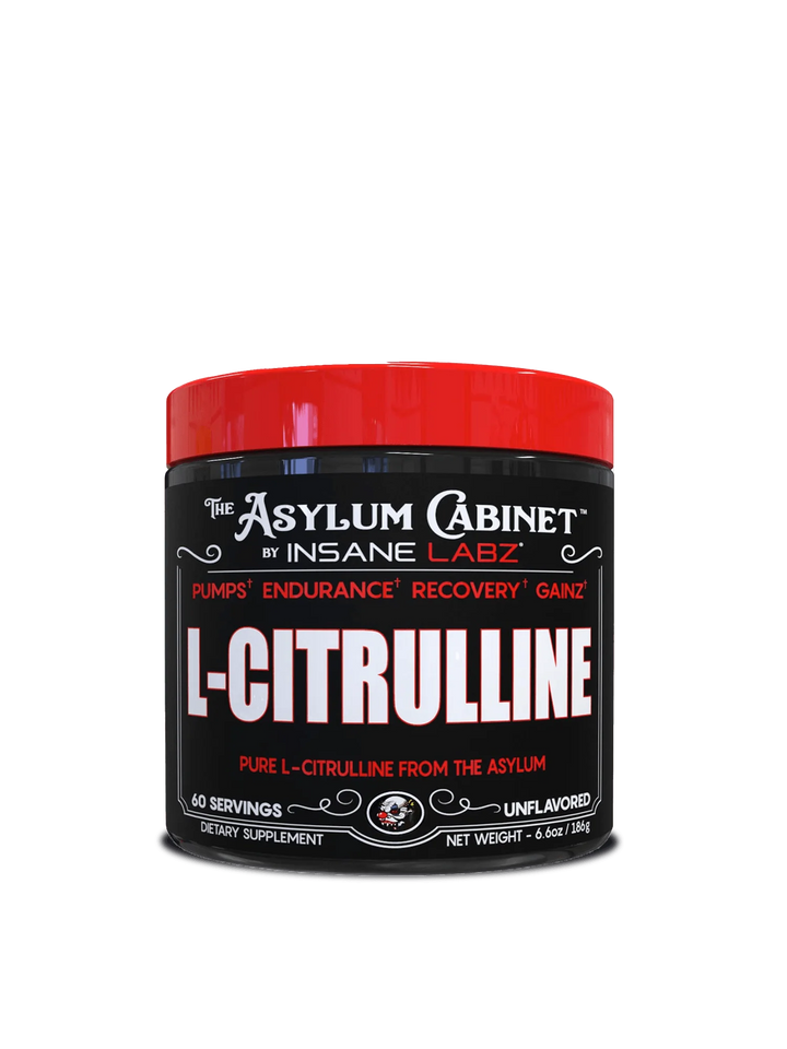 L-citrulline powder in a clear jar, showcasing its fine texture and vibrant color against a neutral background.