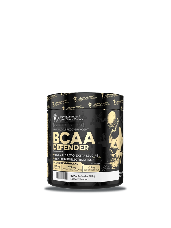 BCAA Defender supplement container, 500g, showcasing its label and design, emphasizing fitness and muscle recovery.