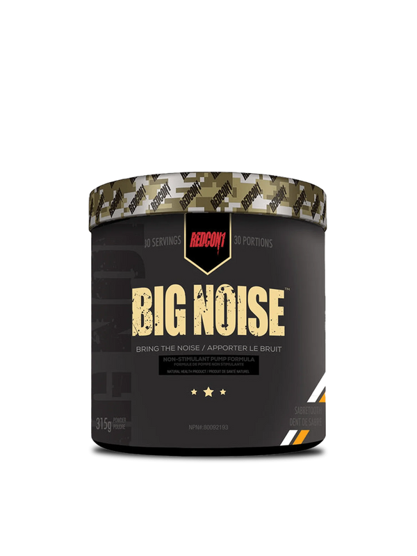 A container of Big Noise protein powder, showcasing its vibrant packaging and nutritional information on the label.