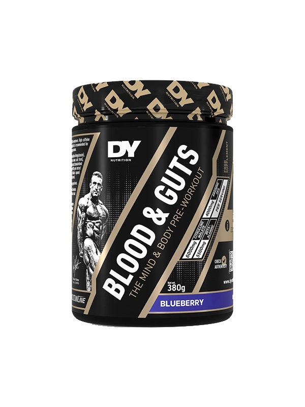 DY Nutrition Blood & Guts pre-workout supplement container on a white background