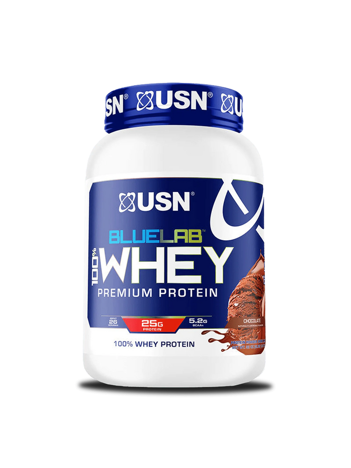 USN Blue Whey Premium Protein powder in a sleek container, showcasing its vibrant blue packaging and nutritional benefits.