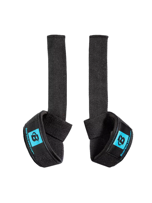 A pair of black wrist wraps adorned with a blue logo, ideal for enhancing grip and stability in sports activities.