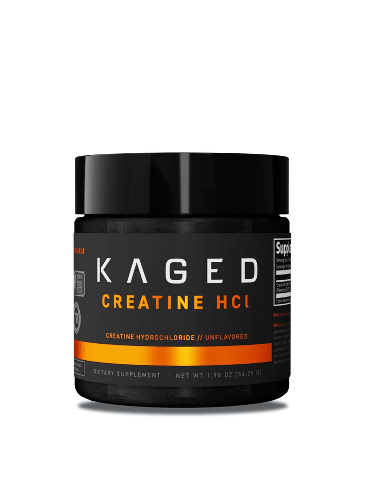 A Kaged Creatine HCL bottle displayed against a neutral background, highlighting its modern packaging and nutritional details.