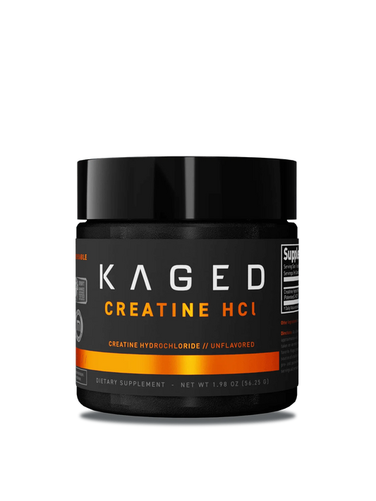 A Kaged Creatine HCL bottle displayed against a neutral background, highlighting its modern packaging and nutritional details.