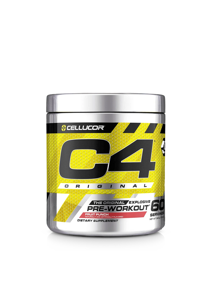 A 500g container of Cellucor C4 Original pre-workout supplement, featuring a vibrant label and a sleek design.