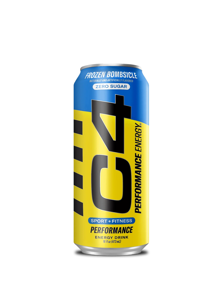 A sleek can of c4 performance drink, showcasing its vibrant design and branding, set against a neutral background.