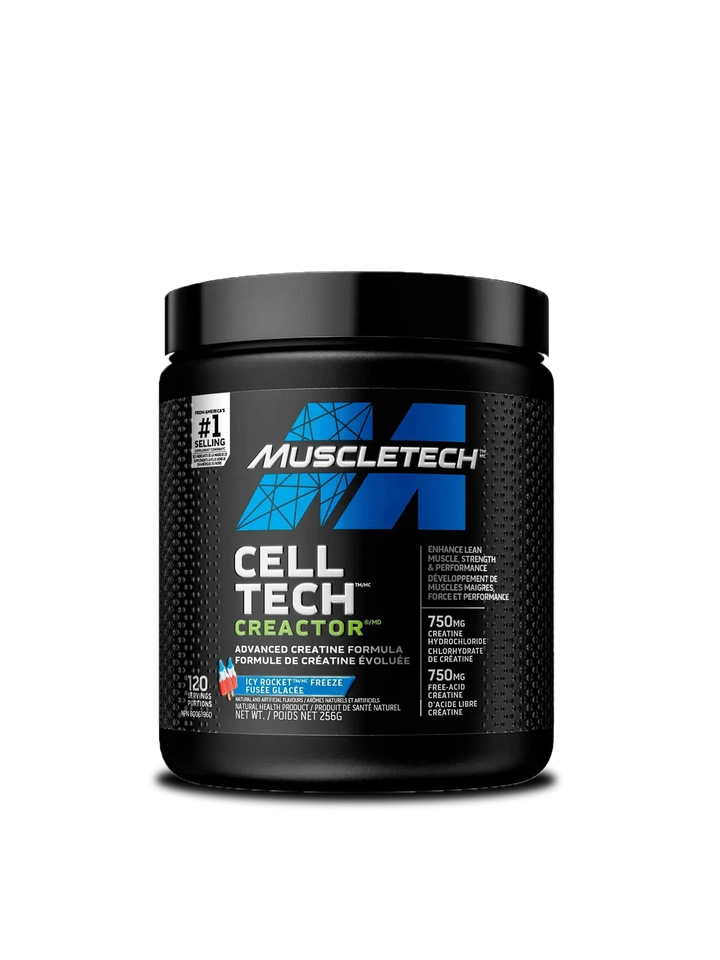 Muscletech Cell Tech protein powder, showcasing its branding and nutritional information on the label.