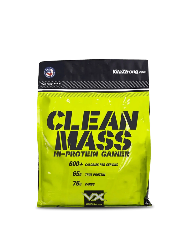 A container of clean mass protein powder, showcasing its smooth texture and appealing packaging design.