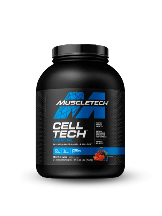 A vibrant display of MuscleTech Cell Tech in strawberry flavor, surrounded by fresh strawberries, emphasizing its fruity essence.