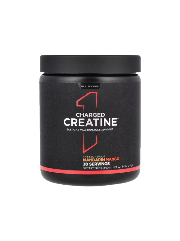 Black container of Charged Creatine with Mandarin Mango flavor on a white background