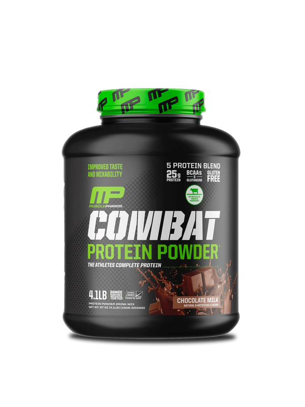 . A tub of combat protein powder displayed prominently, highlighting its label and contents, ideal for fitness enthusiasts.