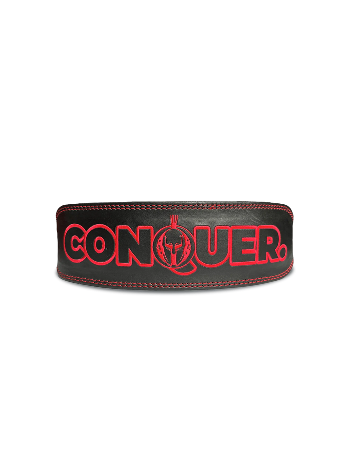 A striking red conqueror belt, symbolizing strength and victory, elegantly displayed against a neutral background.