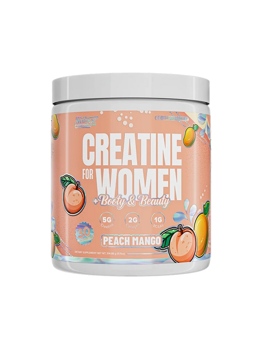 Creatine supplement container for women with peach mango flavor on a white background