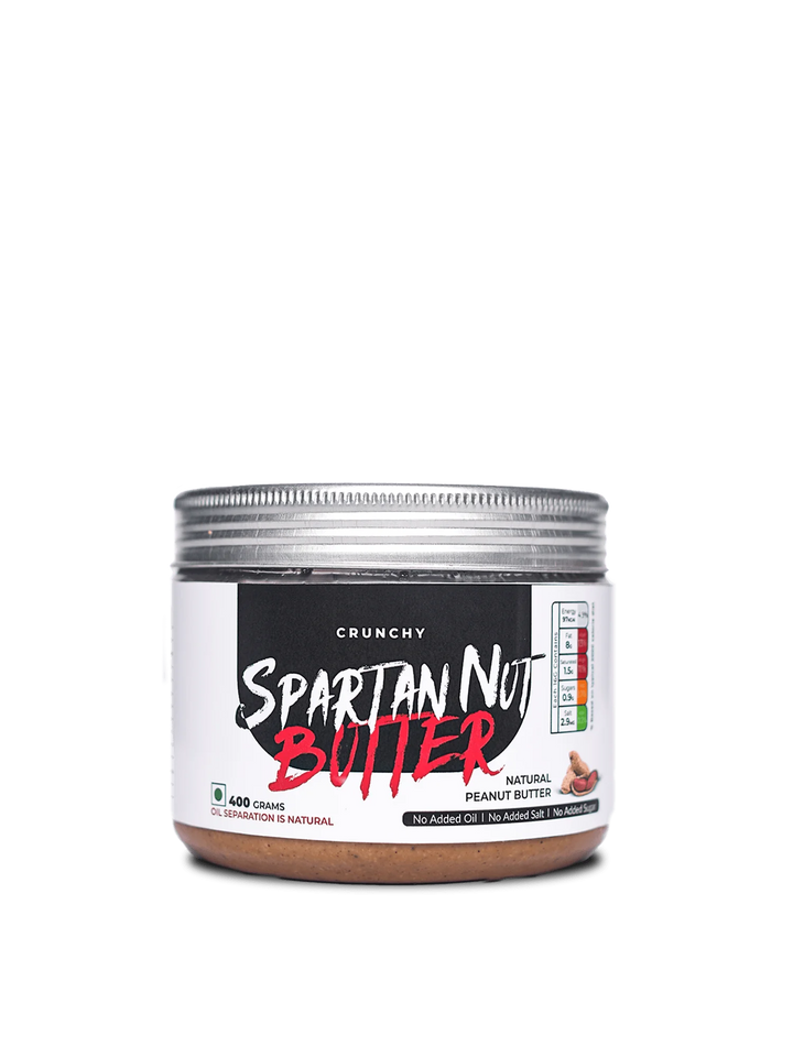 A 300g jar of Spartan Nut Butter, showcasing its rich texture and appealing packaging design.
