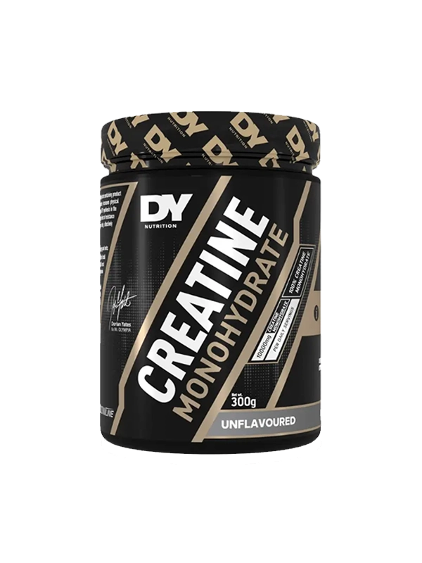 Black and gold container of DY Nutrition Creatine Monohydrate on a white background