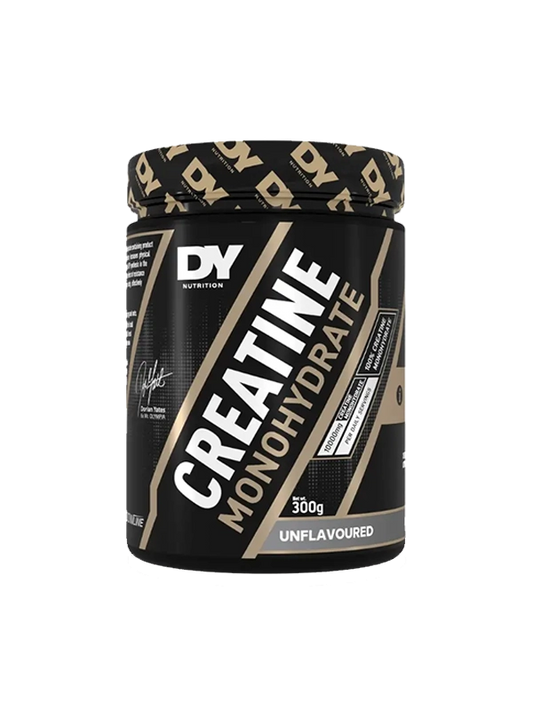 Black and gold container of DY Nutrition Creatine Monohydrate on a white background