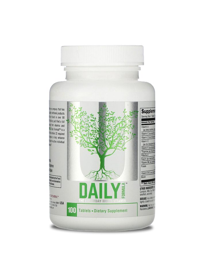 Daily supplement featuring a tree and green leaf, symbolizing natural health and wellness benefits.