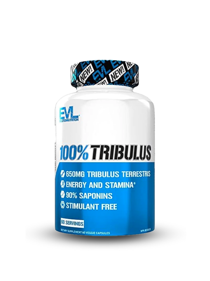  Image of evv 100% tribulus supplement, showcasing its packaging and branding prominently against a neutral background.