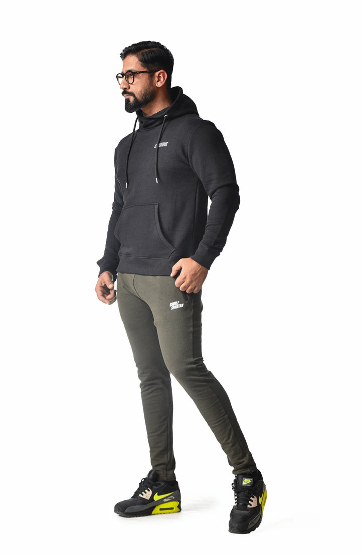 A black hoodie crafted from a soft cotton blend, showcasing comfort and style in a casual design.