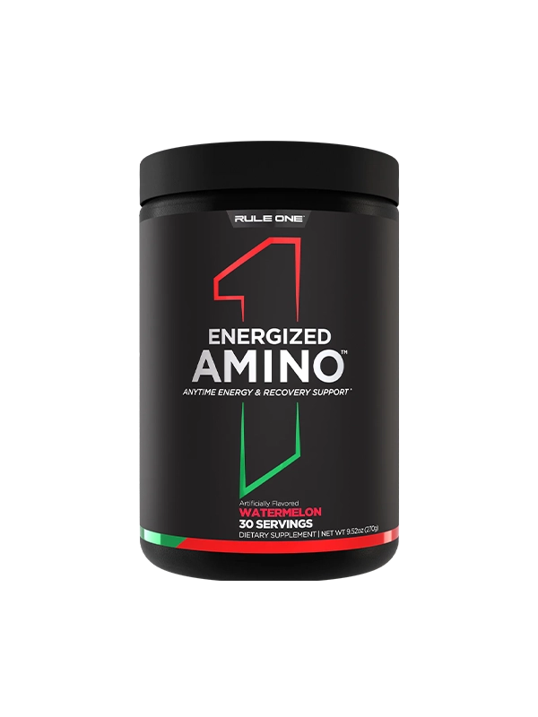 Black container of "Energized Amino" supplement by Rule One, offering watermelon flavor. Contains 30 servings for energy and recovery support.