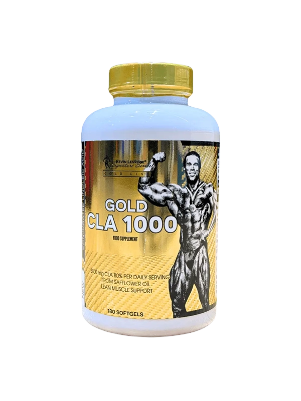 Supplement bottle labeled 'Gold CLA 1000' with a muscular figure on the label against a white background.
