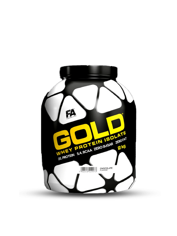 A jar of gold protein powder sits on a clean surface, showcasing its vibrant color and sleek packaging design.