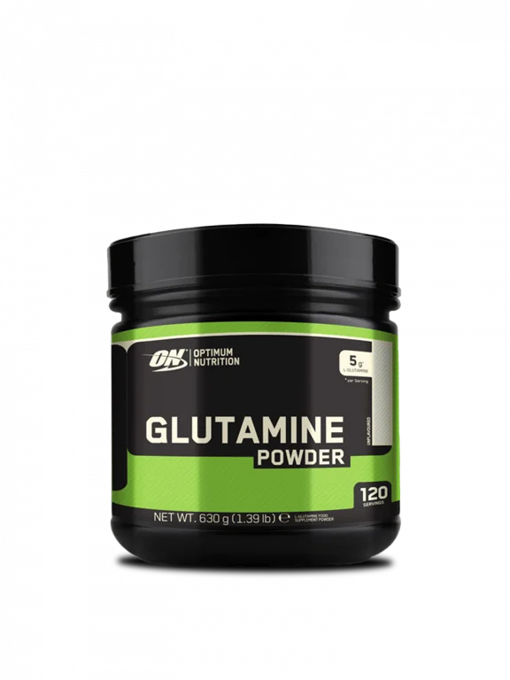 Optimum Nutrition Glutamine Powder packaging, highlighting its effectiveness in supporting muscle recovery and athletic performance.