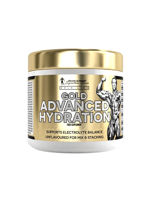 Gold Advanced Hydration supplement container with branding on a white background