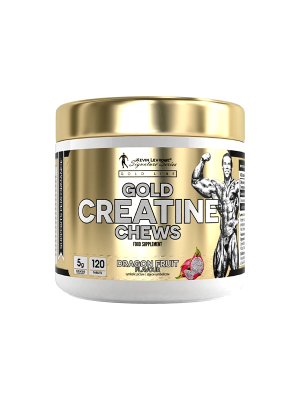 Gold Creatine Chews supplement container with a gold and white design on a white background