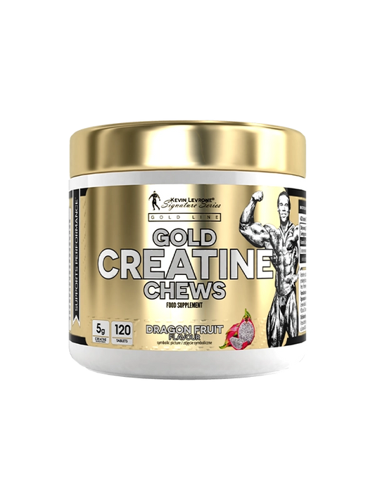 Gold Creatine Chews supplement container with a gold and white design on a white background