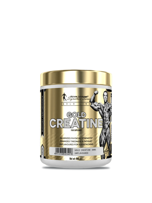 A container of gold creatine powder, showcasing its vibrant color and fine texture, ideal for fitness enthusiasts.