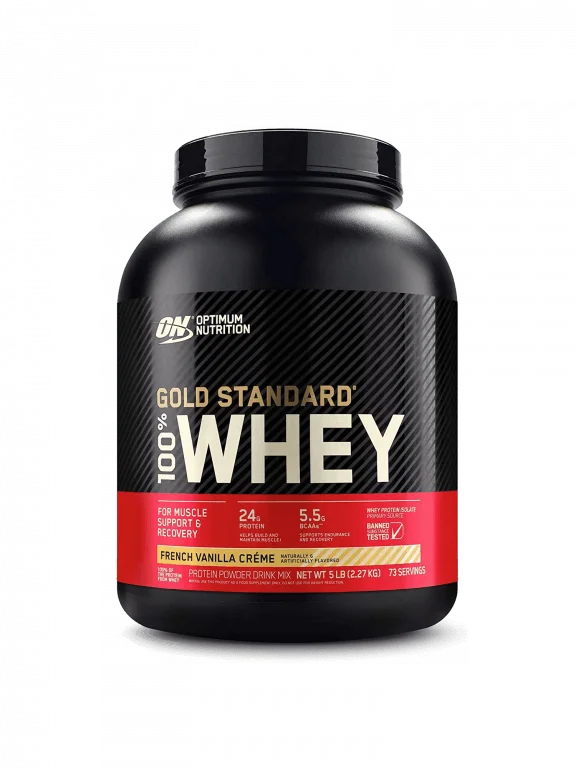 A container of Optimum Nutrition Gold Standard Whey protein powder, showcasing its premium quality and nutritional benefits.