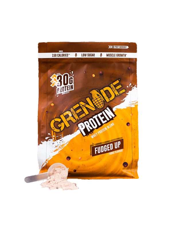 Two scoops of Fudged Up Protein Powder next to a shake