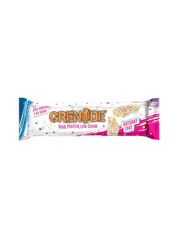 Grenade high protein bar in birthday cake flavor packaging on a white background
