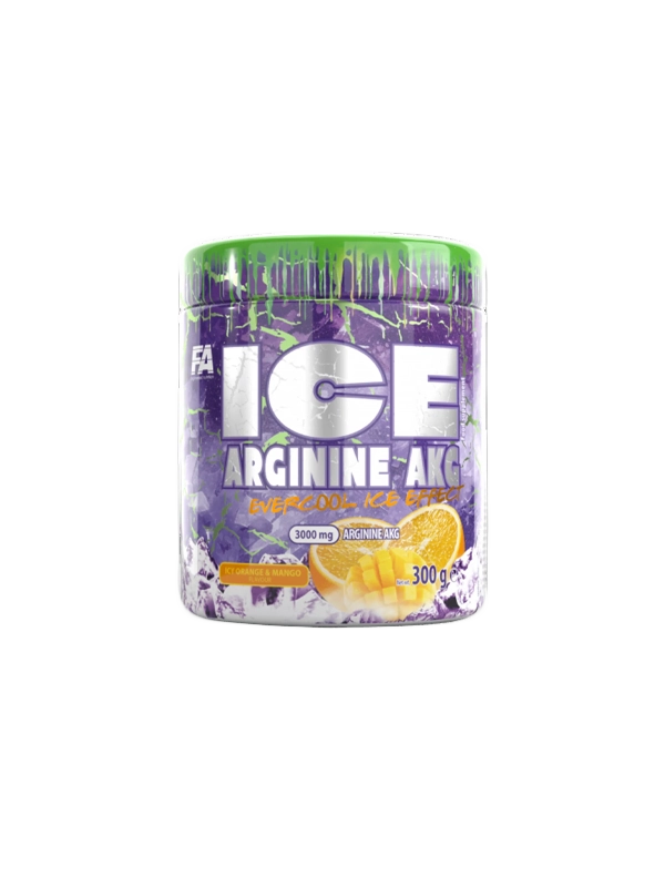 orange package of ice arginine aque, emphasizing its role as a dietary supplement for enhanced performance.