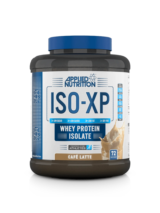 Iso-XP whey protein isolate packaging featuring a sleek design, emphasizing high protein content and purity for fitness enthusiasts.