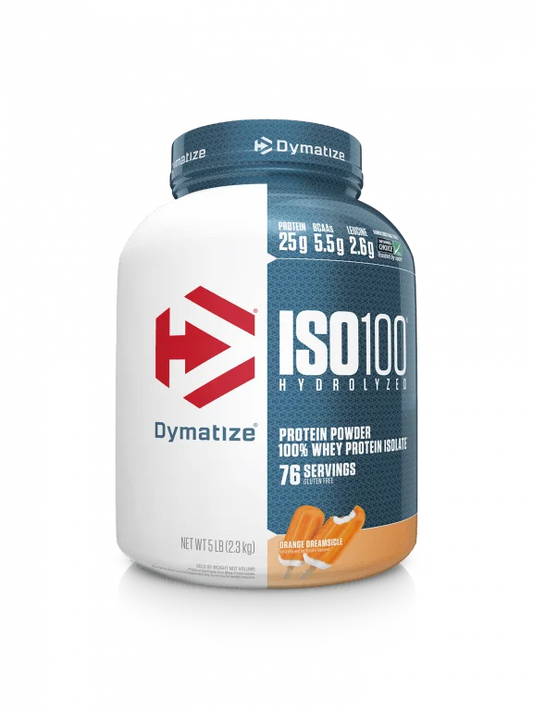 ISO100 by Dymatize – 25g hydrolyzed whey protein isolate, fast-digesting, lactose-free, gluten-free, and rich in BCAAs for muscle recovery.