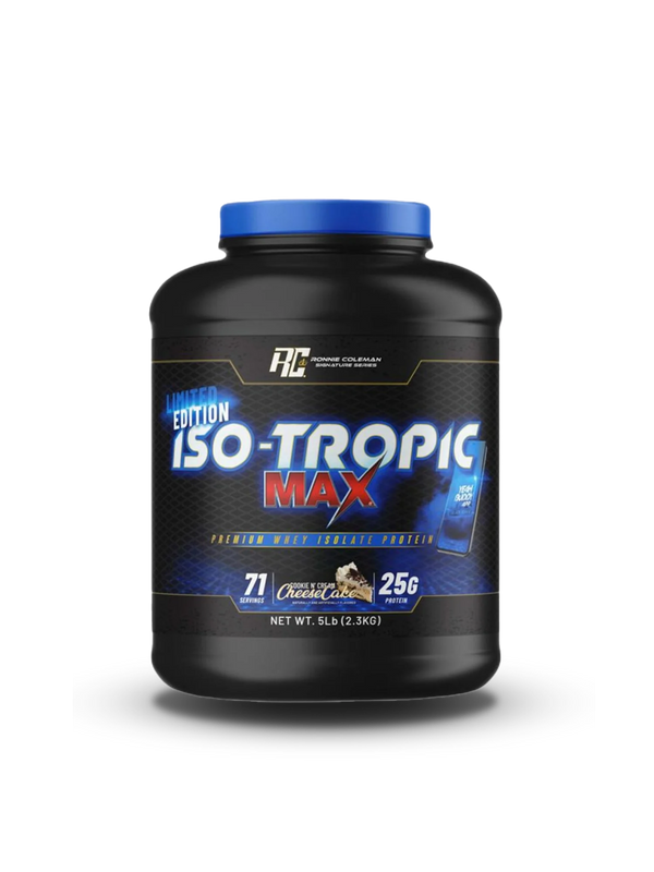 A container of Iso Tropic Max protein powder, showcasing its sleek design and vibrant branding against a neutral background.