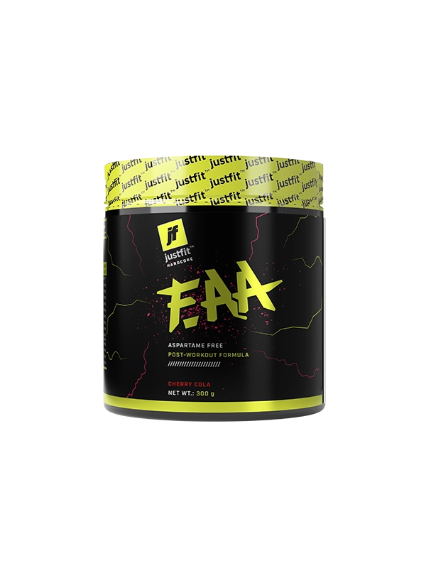Justfit FAA supplement container with black and yellow design on a white background