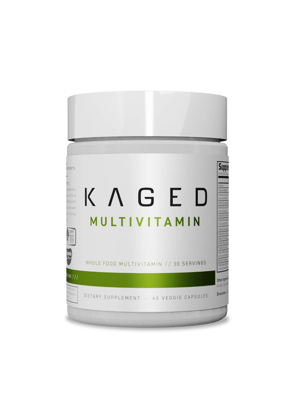 Kaged multivitamin supplement bottle featuring a vibrant label, showcasing its health benefits and nutritional ingredients.